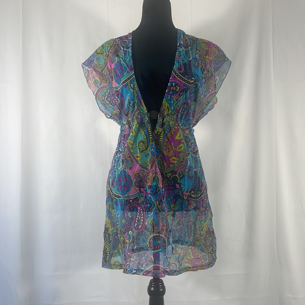 Sheer multi colored blue, hot pink,swim cover up,plunge V neck,tie in back,Small - Picture 9 of 9